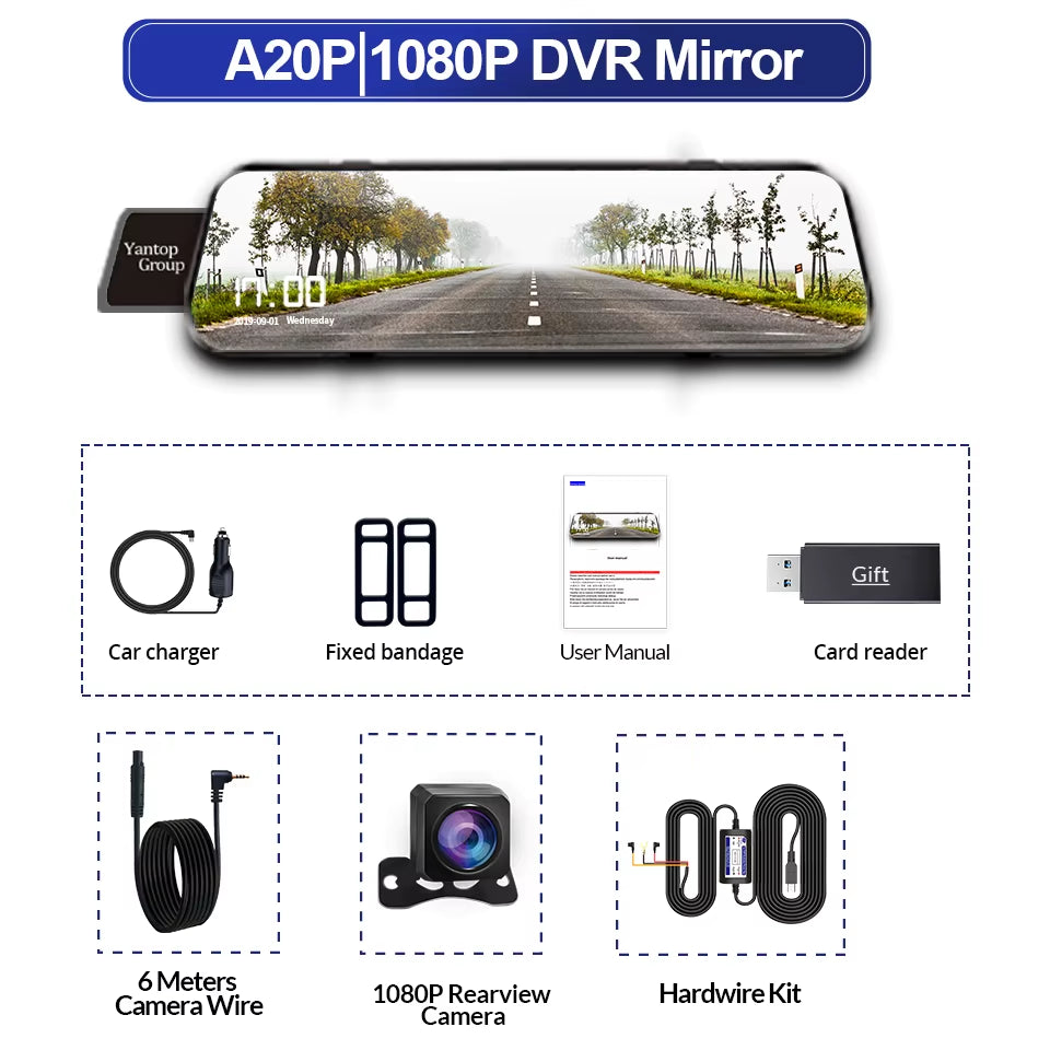 10 Inch Car DVR Car Touch Screen Video Recorder Dual 1080P Rearview Mirror Front and Rear HD Night Vision Camera Mirror